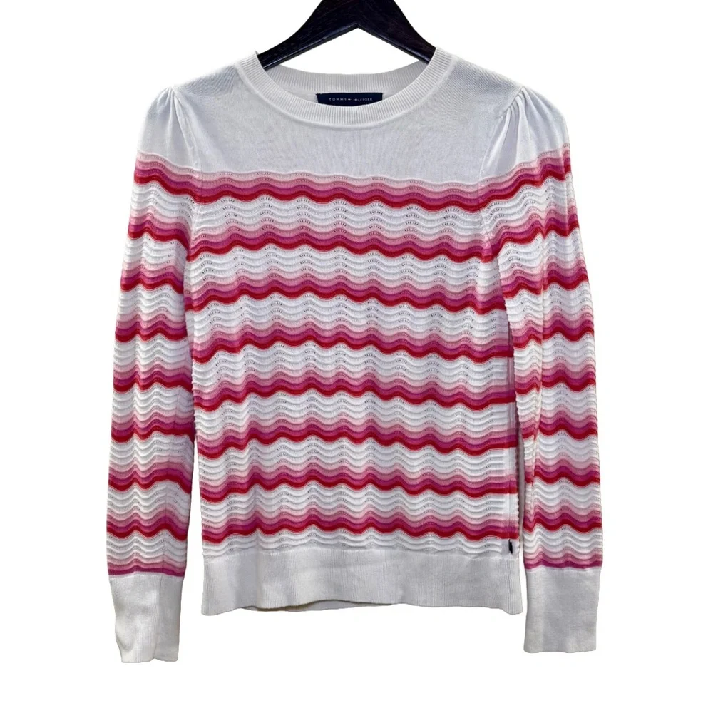 Tommy Hilfiger Wavy Striped Sweater White Pink Size Small Cotton